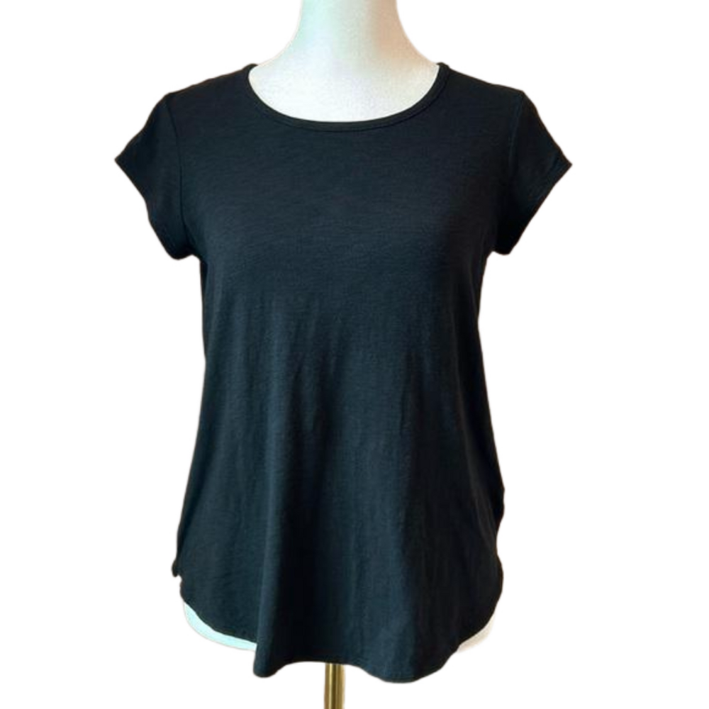 Max Studio Black Comfy Stretchy Cap Sleeve T-Shirt, Key Hole, Split Back XS